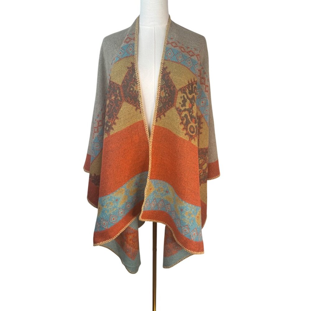 2/$30 Boho Style Poncho Blanket Shawl Abstract Patterns & Warm Tones - Picture 8 of 11